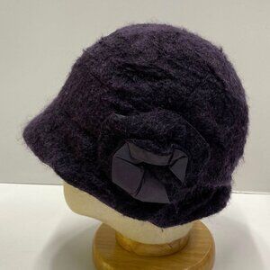 Purple Fuzzy Knit Cloche Hat Bow Detail Vintage Style 🎀
